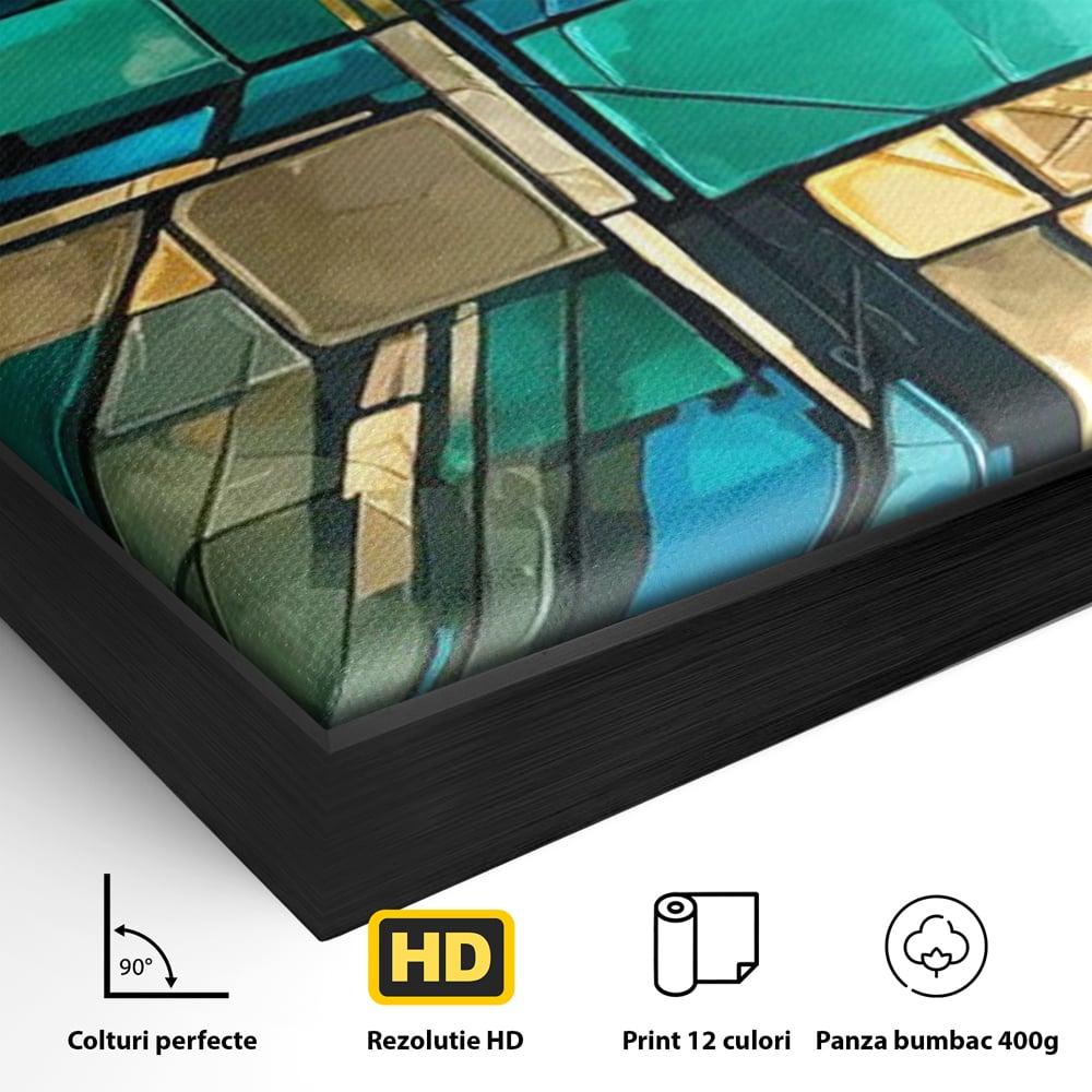 Canvas Wall Art Premium, LuxCanva® C1282, Zwischen Licht und Tiefe, Geometrie, Farben, Abstrakt, Abstrakt, Kartographie, Blau, Ozean, Smaragd, Grün, Raum, Gebäude, Ausstellung, Büro, Wohnzimmer, Schlafzimmer