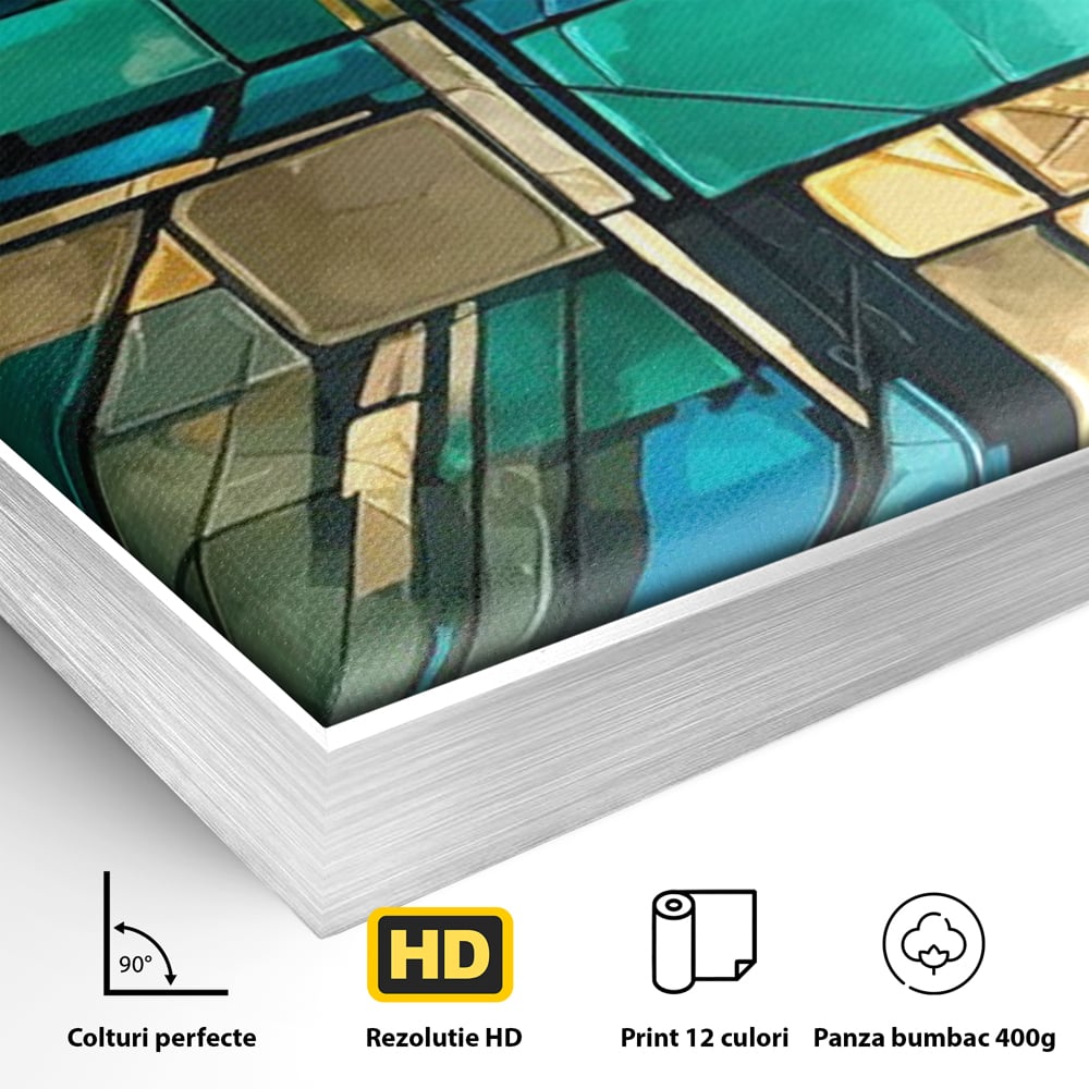 Canvas Wall Art Premium, LuxCanva® C1282, Zwischen Licht und Tiefe, Geometrie, Farben, Abstrakt, Abstrakt, Kartographie, Blau, Ozean, Smaragd, Grün, Raum, Gebäude, Ausstellung, Büro, Wohnzimmer, Schlafzimmer