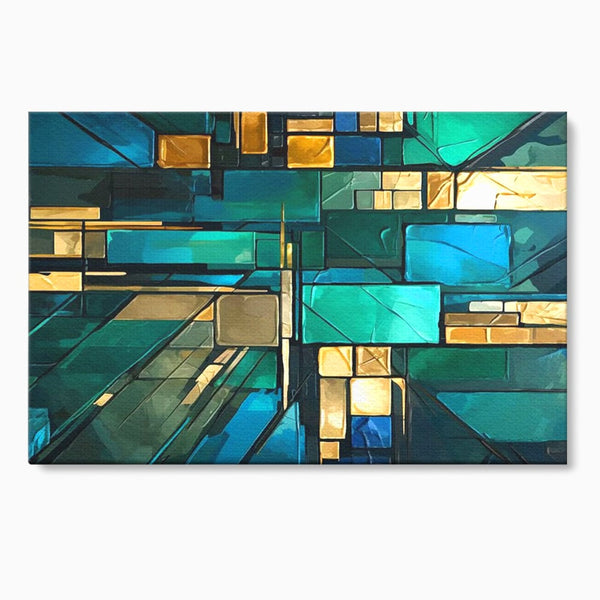 Canvas Wall Art Premium, LuxCanva® C1282, Zwischen Licht und Tiefe, Geometrie, Farben, Abstrakt, Abstrakt, Kartographie, Blau, Ozean, Smaragd, Grün, Raum, Gebäude, Ausstellung, Büro, Wohnzimmer, Schlafzimmer