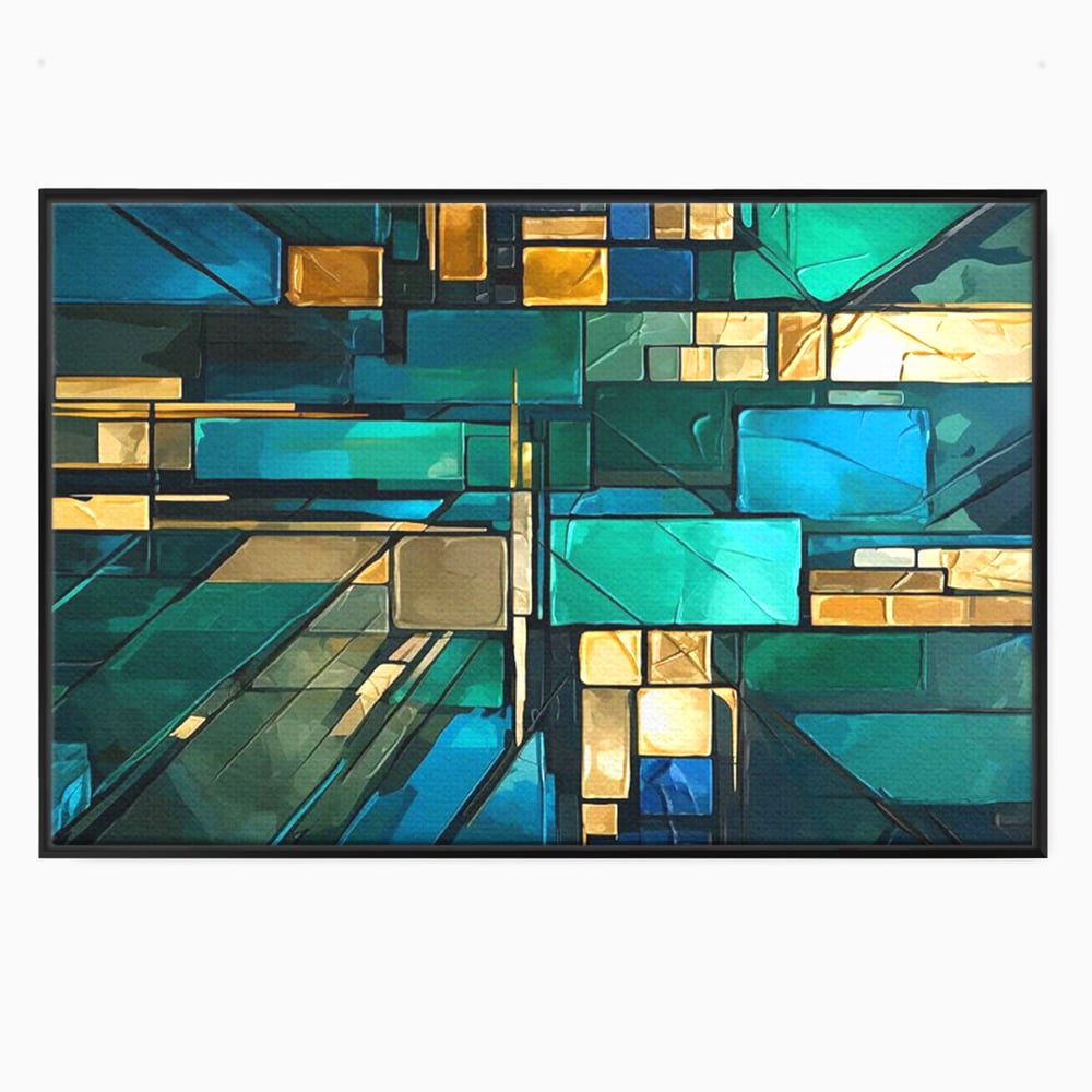 Canvas Wall Art Premium, LuxCanva® C1282, Zwischen Licht und Tiefe, Geometrie, Farben, Abstrakt, Abstrakt, Kartographie, Blau, Ozean, Smaragd, Grün, Raum, Gebäude, Ausstellung, Büro, Wohnzimmer, Schlafzimmer