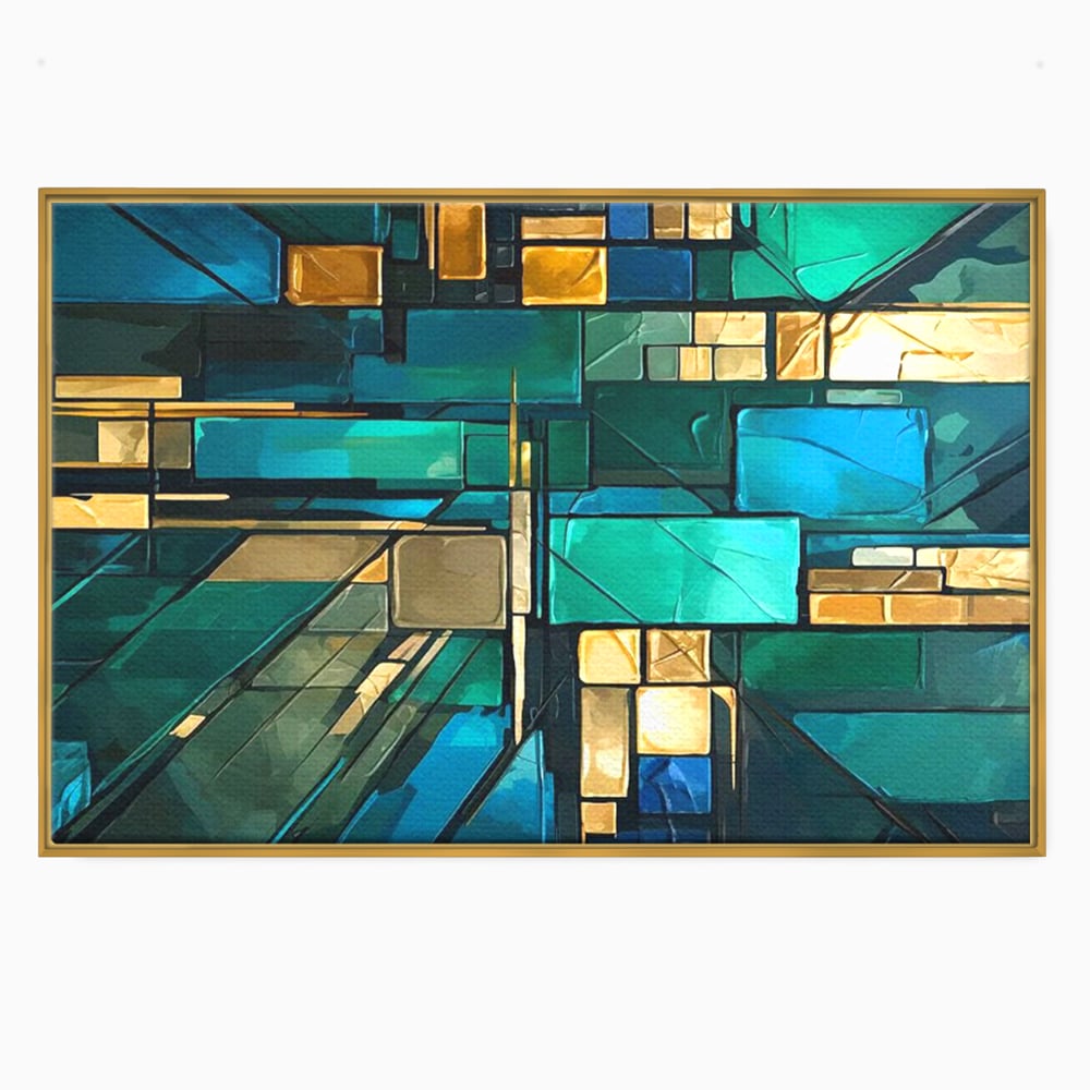 Canvas Wall Art Premium, LuxCanva® C1282, Zwischen Licht und Tiefe, Geometrie, Farben, Abstrakt, Abstrakt, Kartographie, Blau, Ozean, Smaragd, Grün, Raum, Gebäude, Ausstellung, Büro, Wohnzimmer, Schlafzimmer