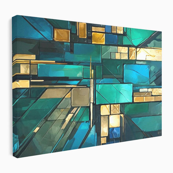 Canvas Wall Art Premium, LuxCanva® C1282, Zwischen Licht und Tiefe, Geometrie, Farben, Abstrakt, Abstrakt, Kartographie, Blau, Ozean, Smaragd, Grün, Raum, Gebäude, Ausstellung, Büro, Wohnzimmer, Schlafzimmer