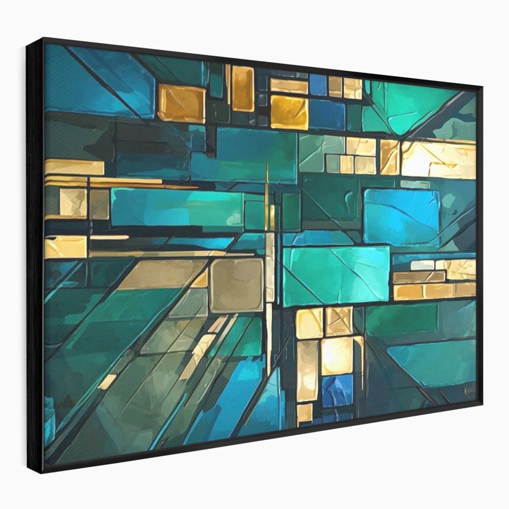 Canvas Wall Art Premium, LuxCanva® C1282, Zwischen Licht und Tiefe, Geometrie, Farben, Abstrakt, Abstrakt, Kartographie, Blau, Ozean, Smaragd, Grün, Raum, Gebäude, Ausstellung, Büro, Wohnzimmer, Schlafzimmer