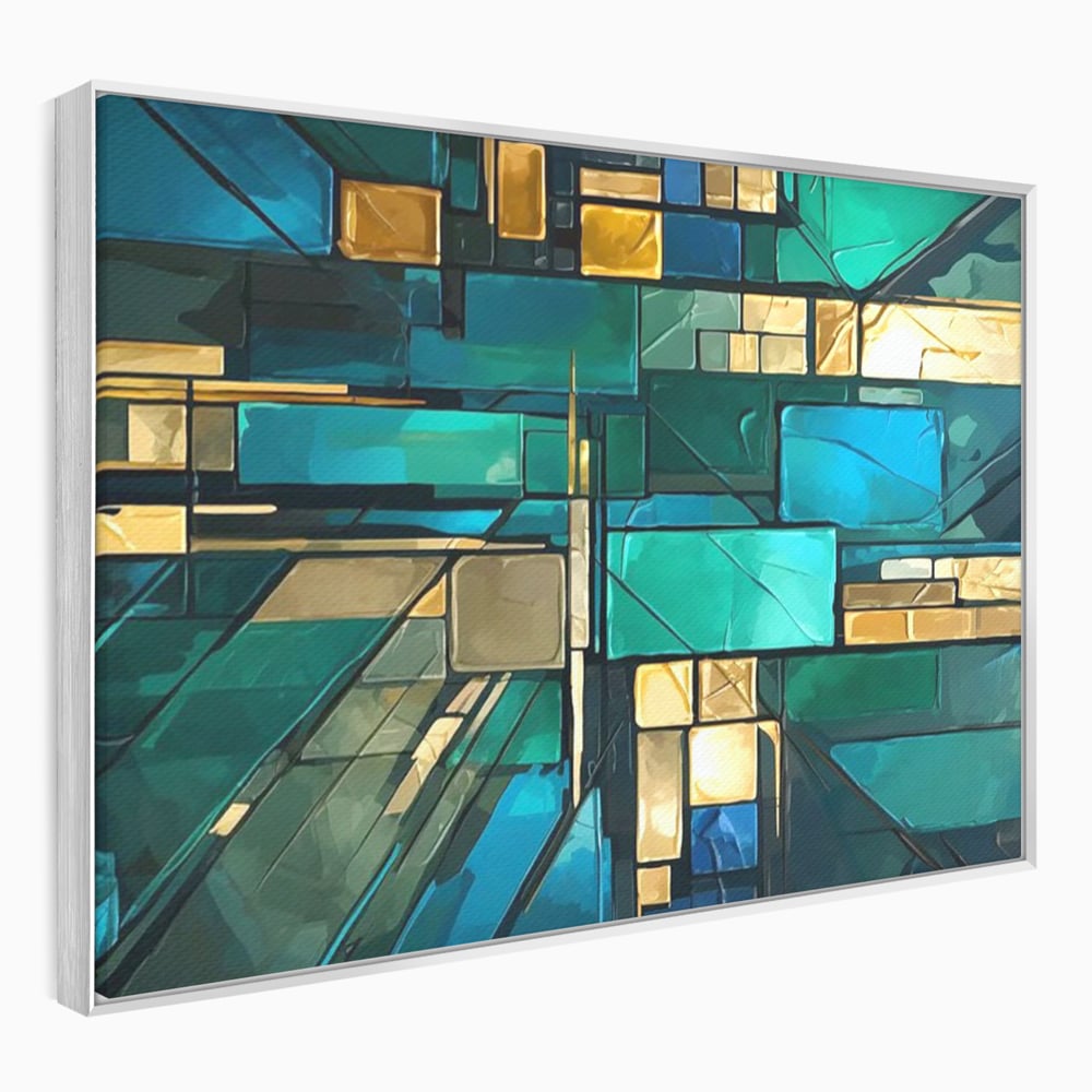 Canvas Wall Art Premium, LuxCanva® C1282, Zwischen Licht und Tiefe, Geometrie, Farben, Abstrakt, Abstrakt, Kartographie, Blau, Ozean, Smaragd, Grün, Raum, Gebäude, Ausstellung, Büro, Wohnzimmer, Schlafzimmer