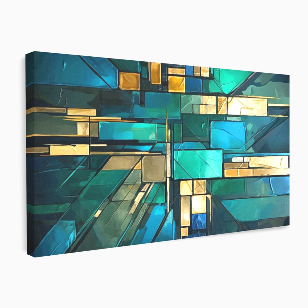 Canvas Wall Art Premium, LuxCanva® C1282, Zwischen Licht und Tiefe, Geometrie, Farben, Abstrakt, Abstrakt, Kartographie, Blau, Ozean, Smaragd, Grün, Raum, Gebäude, Ausstellung, Büro, Wohnzimmer, Schlafzimmer