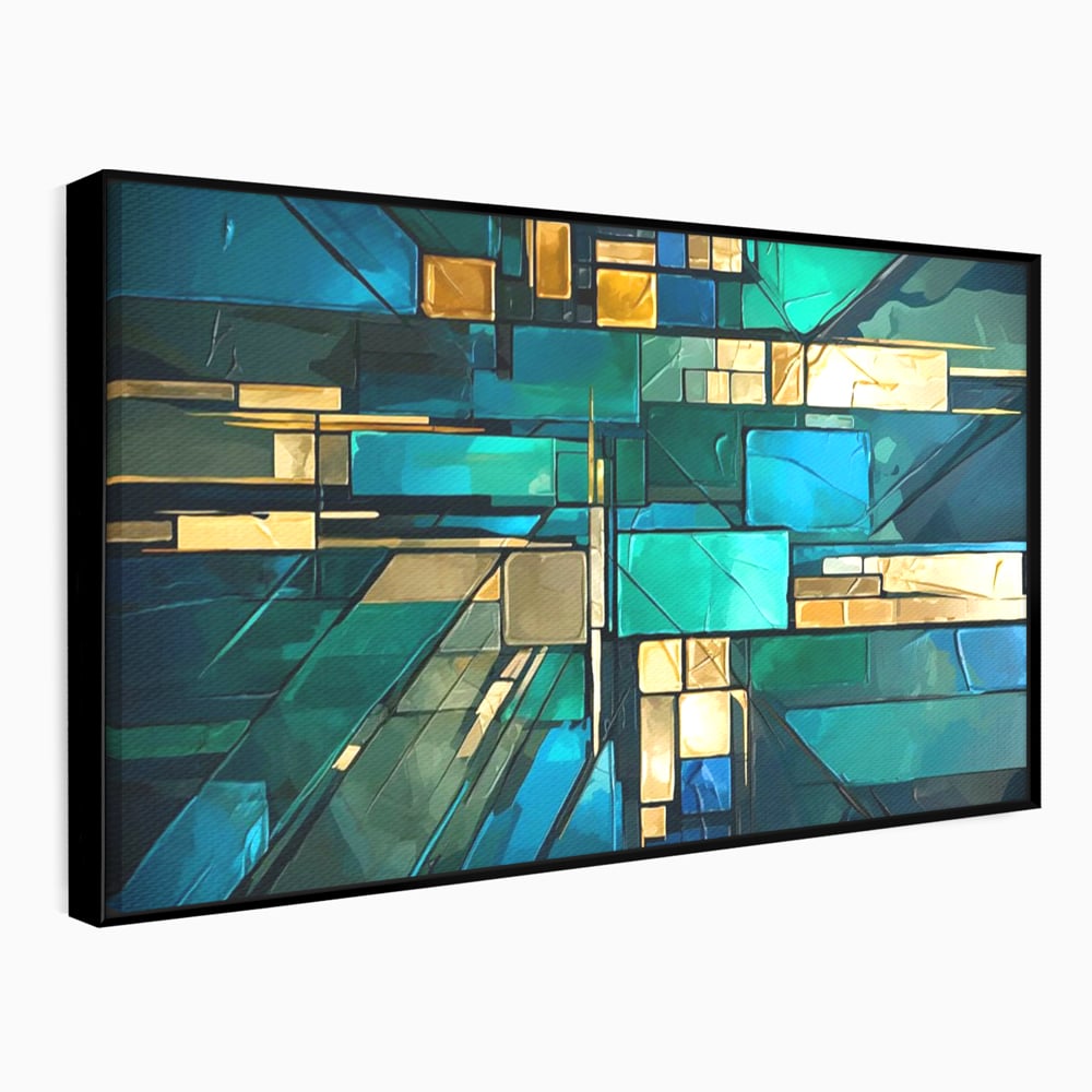 Canvas Wall Art Premium, LuxCanva® C1282, Zwischen Licht und Tiefe, Geometrie, Farben, Abstrakt, Abstrakt, Kartographie, Blau, Ozean, Smaragd, Grün, Raum, Gebäude, Ausstellung, Büro, Wohnzimmer, Schlafzimmer