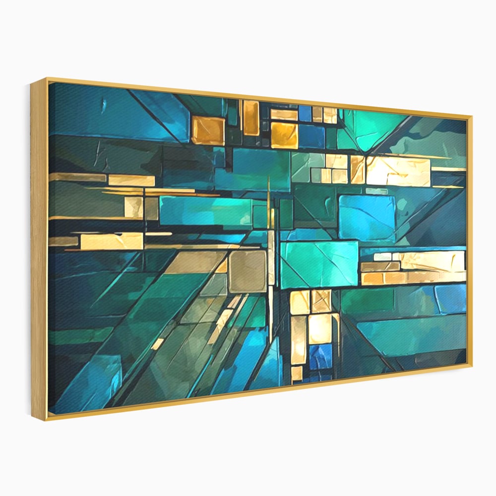 Canvas Wall Art Premium, LuxCanva® C1282, Zwischen Licht und Tiefe, Geometrie, Farben, Abstrakt, Abstrakt, Kartographie, Blau, Ozean, Smaragd, Grün, Raum, Gebäude, Ausstellung, Büro, Wohnzimmer, Schlafzimmer