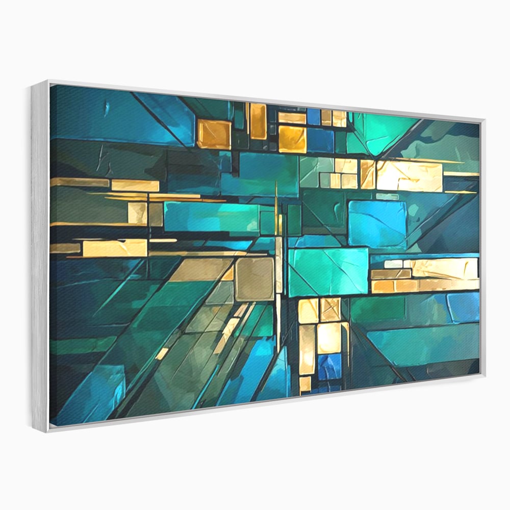 Canvas Wall Art Premium, LuxCanva® C1282, Zwischen Licht und Tiefe, Geometrie, Farben, Abstrakt, Abstrakt, Kartographie, Blau, Ozean, Smaragd, Grün, Raum, Gebäude, Ausstellung, Büro, Wohnzimmer, Schlafzimmer