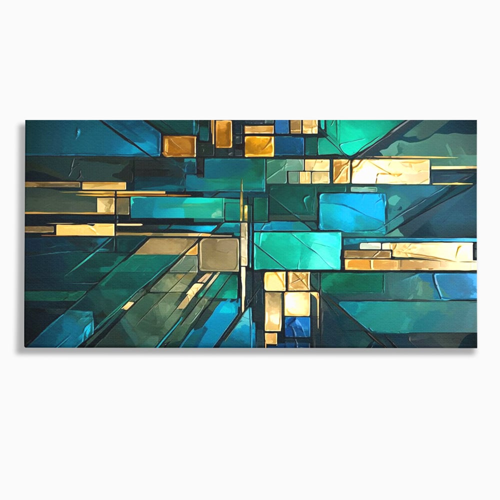 Canvas Wall Art Premium, LuxCanva® C1282, Zwischen Licht und Tiefe, Geometrie, Farben, Abstrakt, Abstrakt, Kartographie, Blau, Ozean, Smaragd, Grün, Raum, Gebäude, Ausstellung, Büro, Wohnzimmer, Schlafzimmer