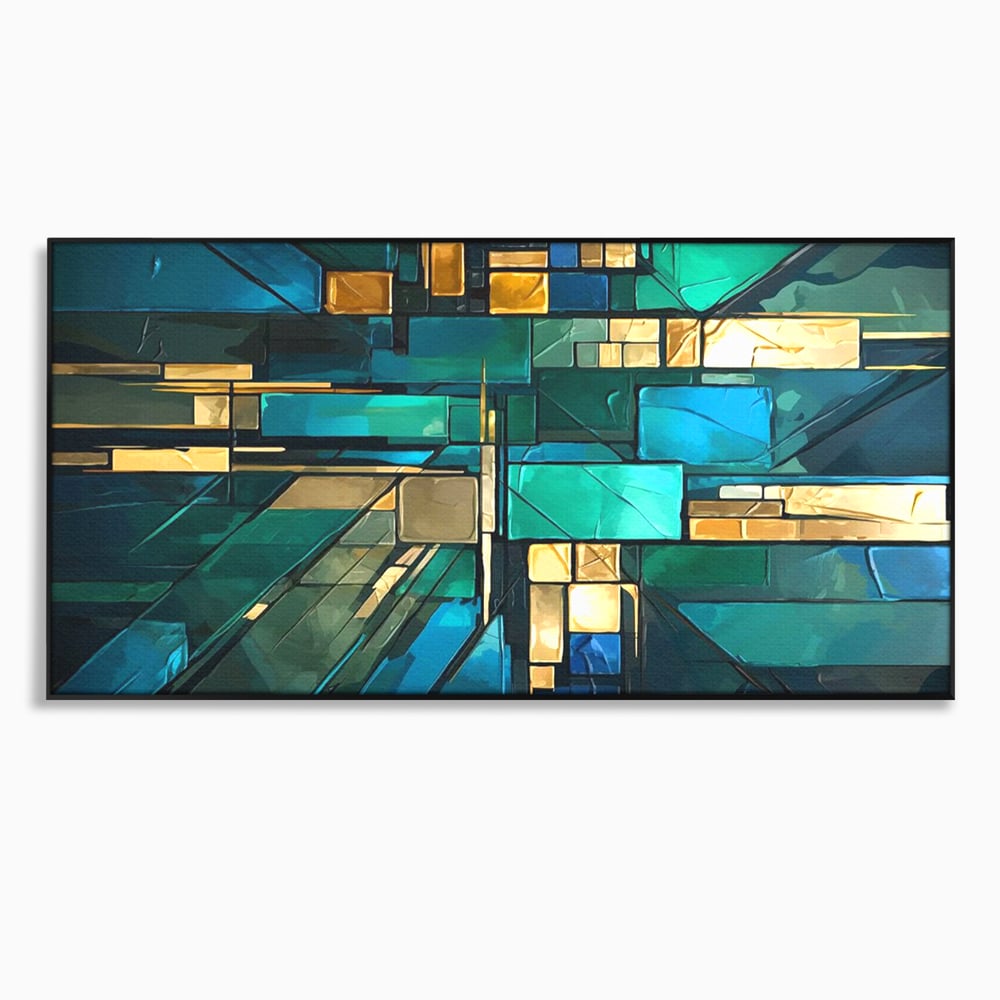 Canvas Wall Art Premium, LuxCanva® C1282, Zwischen Licht und Tiefe, Geometrie, Farben, Abstrakt, Abstrakt, Kartographie, Blau, Ozean, Smaragd, Grün, Raum, Gebäude, Ausstellung, Büro, Wohnzimmer, Schlafzimmer