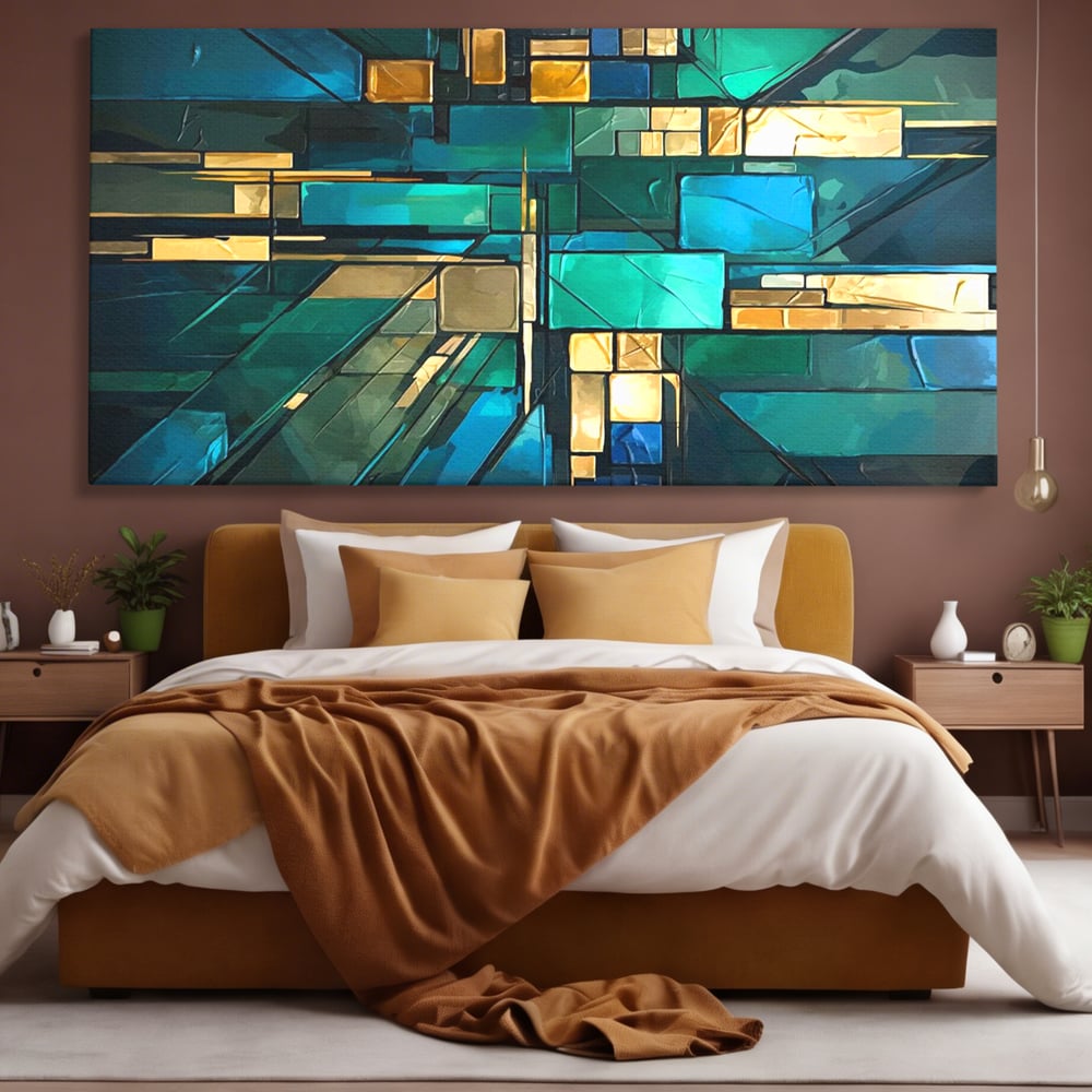 Canvas Wall Art Premium, LuxCanva® C1282, Zwischen Licht und Tiefe, Geometrie, Farben, Abstrakt, Abstrakt, Kartographie, Blau, Ozean, Smaragd, Grün, Raum, Gebäude, Ausstellung, Büro, Wohnzimmer, Schlafzimmer