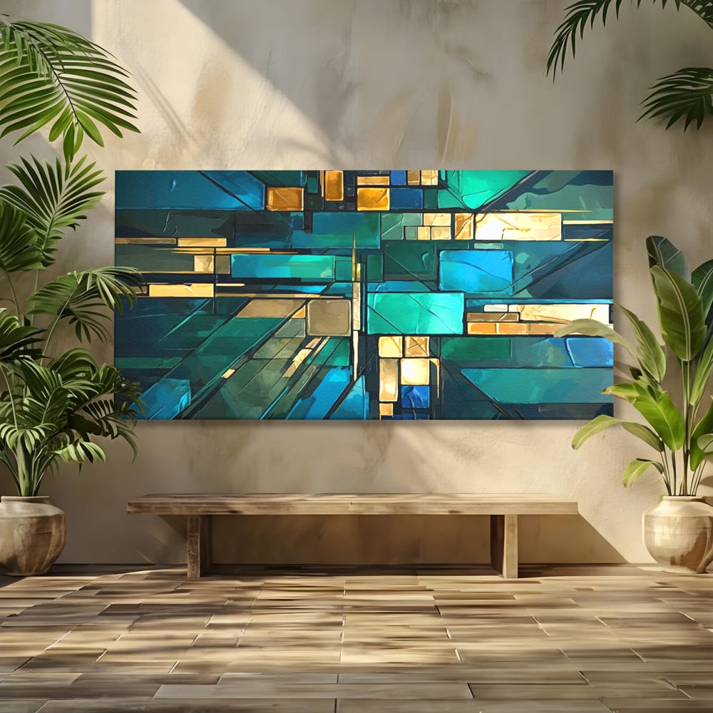 Canvas Wall Art Premium, LuxCanva® C1282, Zwischen Licht und Tiefe, Geometrie, Farben, Abstrakt, Abstrakt, Kartographie, Blau, Ozean, Smaragd, Grün, Raum, Gebäude, Ausstellung, Büro, Wohnzimmer, Schlafzimmer