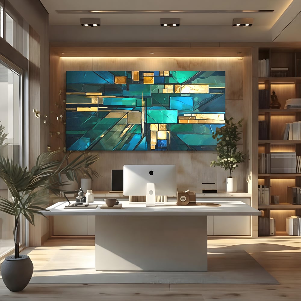 Canvas Wall Art Premium, LuxCanva® C1282, Zwischen Licht und Tiefe, Geometrie, Farben, Abstrakt, Abstrakt, Kartographie, Blau, Ozean, Smaragd, Grün, Raum, Gebäude, Ausstellung, Büro, Wohnzimmer, Schlafzimmer