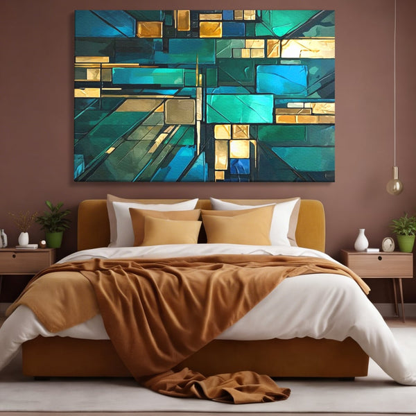 Canvas Wall Art Premium, LuxCanva® C1282, Zwischen Licht und Tiefe, Geometrie, Farben, Abstrakt, Abstrakt, Kartographie, Blau, Ozean, Smaragd, Grün, Raum, Gebäude, Ausstellung, Büro, Wohnzimmer, Schlafzimmer