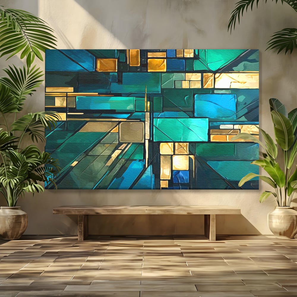 Canvas Wall Art Premium, LuxCanva® C1282, Zwischen Licht und Tiefe, Geometrie, Farben, Abstrakt, Abstrakt, Kartographie, Blau, Ozean, Smaragd, Grün, Raum, Gebäude, Ausstellung, Büro, Wohnzimmer, Schlafzimmer