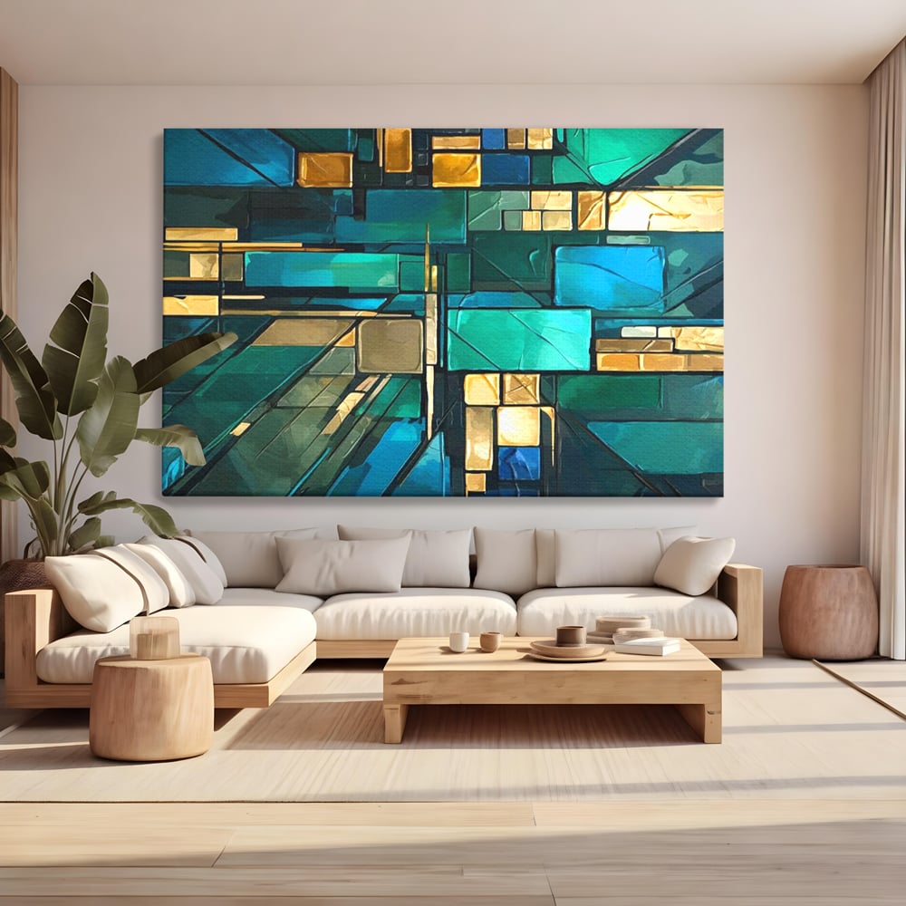 Canvas Wall Art Premium, LuxCanva® C1282, Zwischen Licht und Tiefe, Geometrie, Farben, Abstrakt, Abstrakt, Kartographie, Blau, Ozean, Smaragd, Grün, Raum, Gebäude, Ausstellung, Büro, Wohnzimmer, Schlafzimmer