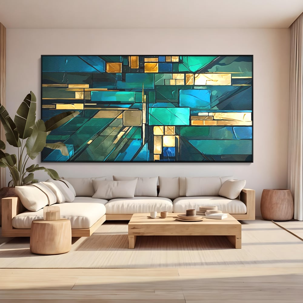 Canvas Wall Art Premium, LuxCanva® C1282, Zwischen Licht und Tiefe, Geometrie, Farben, Abstrakt, Abstrakt, Kartographie, Blau, Ozean, Smaragd, Grün, Raum, Gebäude, Ausstellung, Büro, Wohnzimmer, Schlafzimmer