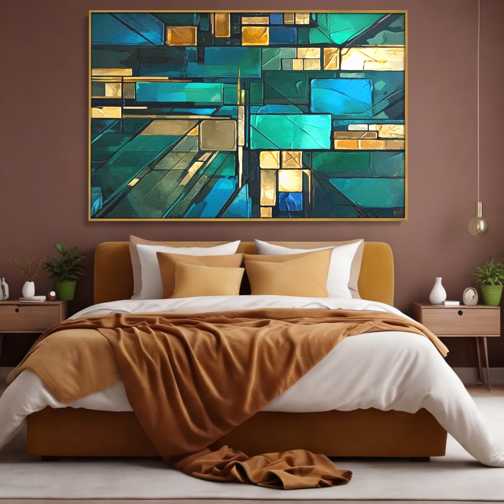 Canvas Wall Art Premium, LuxCanva® C1282, Zwischen Licht und Tiefe, Geometrie, Farben, Abstrakt, Abstrakt, Kartographie, Blau, Ozean, Smaragd, Grün, Raum, Gebäude, Ausstellung, Büro, Wohnzimmer, Schlafzimmer