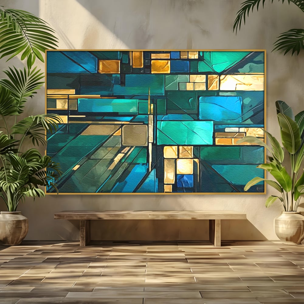 Canvas Wall Art Premium, LuxCanva® C1282, Zwischen Licht und Tiefe, Geometrie, Farben, Abstrakt, Abstrakt, Kartographie, Blau, Ozean, Smaragd, Grün, Raum, Gebäude, Ausstellung, Büro, Wohnzimmer, Schlafzimmer