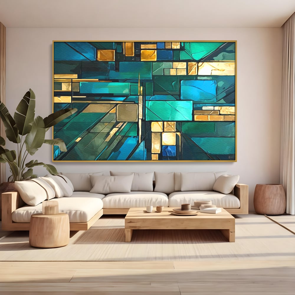Canvas Wall Art Premium, LuxCanva® C1282, Zwischen Licht und Tiefe, Geometrie, Farben, Abstrakt, Abstrakt, Kartographie, Blau, Ozean, Smaragd, Grün, Raum, Gebäude, Ausstellung, Büro, Wohnzimmer, Schlafzimmer