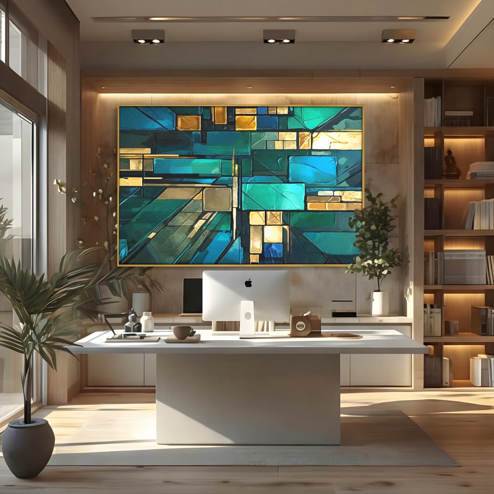 Canvas Wall Art Premium, LuxCanva® C1282, Zwischen Licht und Tiefe, Geometrie, Farben, Abstrakt, Abstrakt, Kartographie, Blau, Ozean, Smaragd, Grün, Raum, Gebäude, Ausstellung, Büro, Wohnzimmer, Schlafzimmer