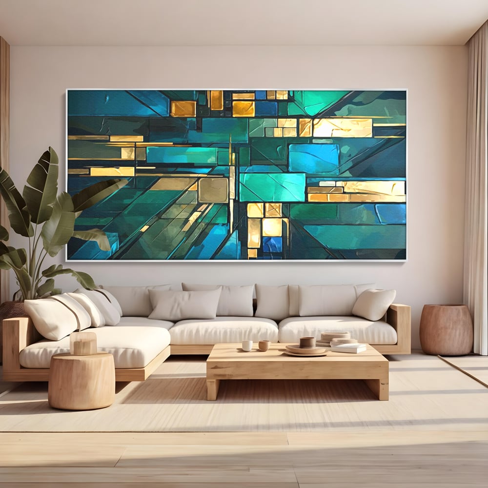 Canvas Wall Art Premium, LuxCanva® C1282, Zwischen Licht und Tiefe, Geometrie, Farben, Abstrakt, Abstrakt, Kartographie, Blau, Ozean, Smaragd, Grün, Raum, Gebäude, Ausstellung, Büro, Wohnzimmer, Schlafzimmer