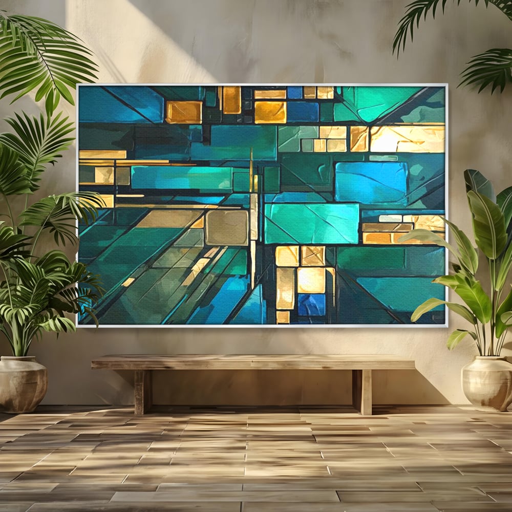 Canvas Wall Art Premium, LuxCanva® C1282, Zwischen Licht und Tiefe, Geometrie, Farben, Abstrakt, Abstrakt, Kartographie, Blau, Ozean, Smaragd, Grün, Raum, Gebäude, Ausstellung, Büro, Wohnzimmer, Schlafzimmer