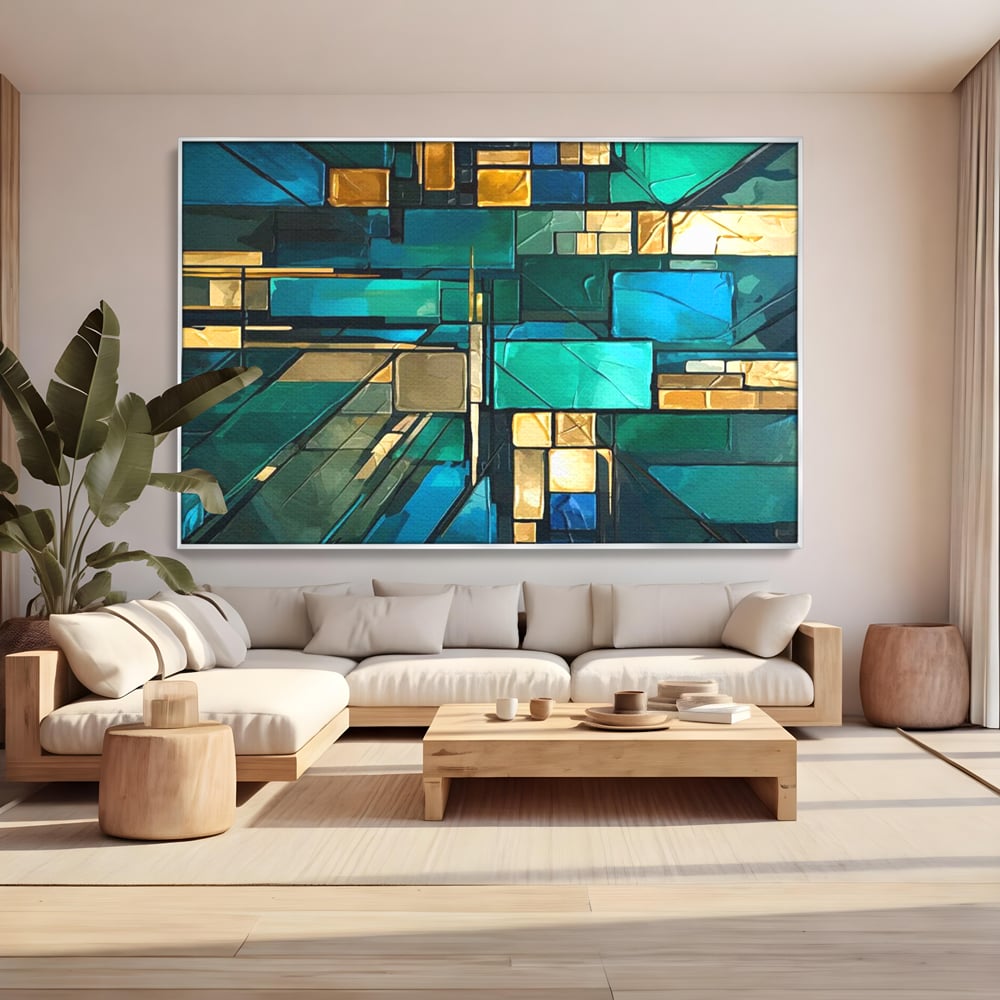 Canvas Wall Art Premium, LuxCanva® C1282, Zwischen Licht und Tiefe, Geometrie, Farben, Abstrakt, Abstrakt, Kartographie, Blau, Ozean, Smaragd, Grün, Raum, Gebäude, Ausstellung, Büro, Wohnzimmer, Schlafzimmer
