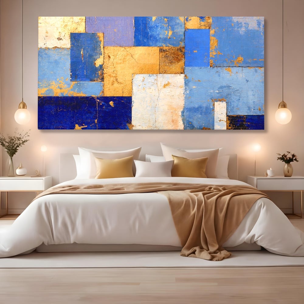 Tablou Canvas Premium, LuxCanva® C1283, Aurul linistii albastre, Geometrie, Culori, Abstract, Albastru, Galben, Contrast, Delicatete, Pace, Seninatate, Estetica, Expozitie, Birou, Living, Dormitor
