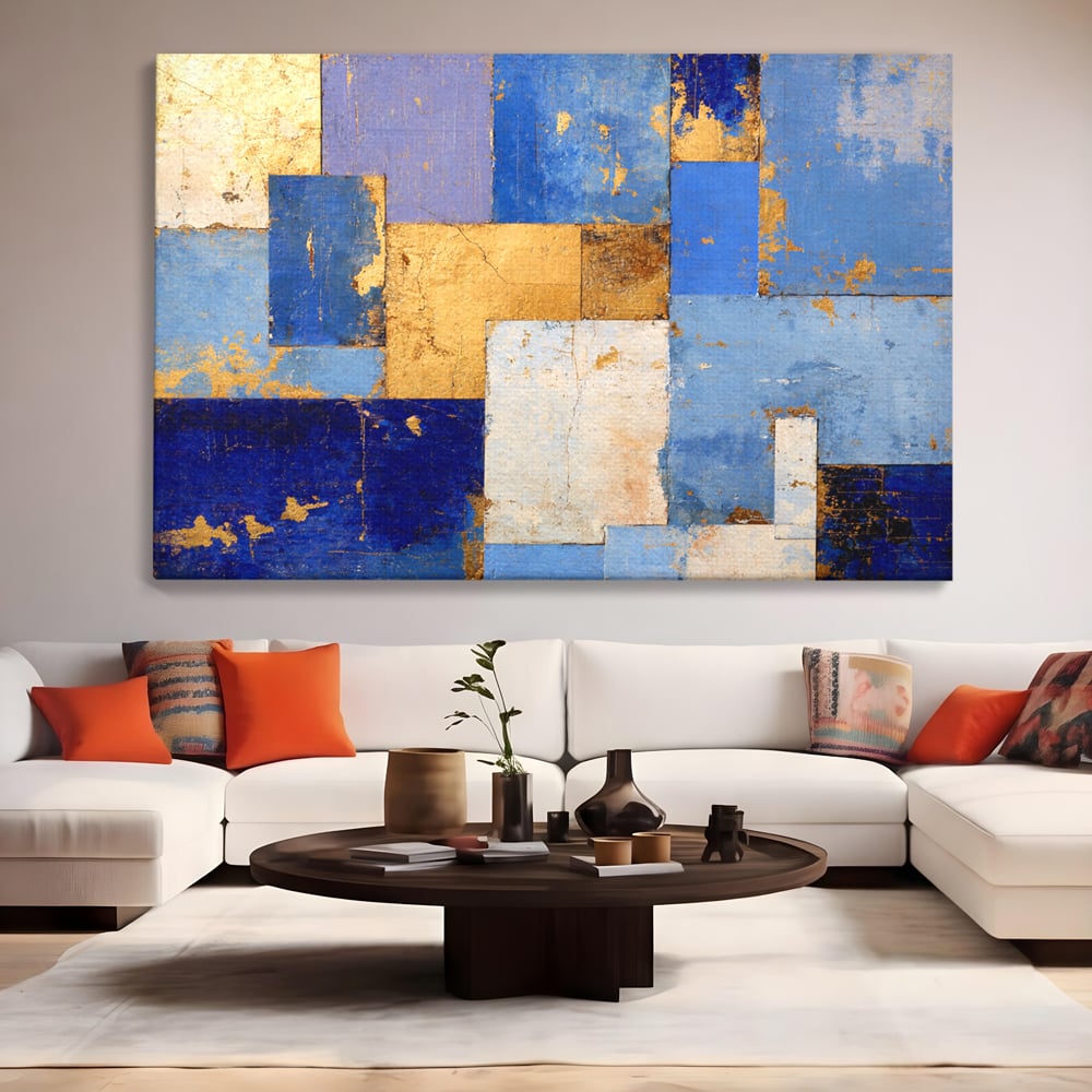 Tablou Canvas Premium, LuxCanva® C1283, Aurul linistii albastre, Geometrie, Culori, Abstract, Albastru, Galben, Contrast, Delicatete, Pace, Seninatate, Estetica, Expozitie, Birou, Living, Dormitor