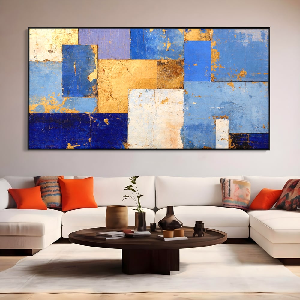 Tablou Canvas Premium, LuxCanva® C1283, Aurul linistii albastre, Geometrie, Culori, Abstract, Albastru, Galben, Contrast, Delicatete, Pace, Seninatate, Estetica, Expozitie, Birou, Living, Dormitor