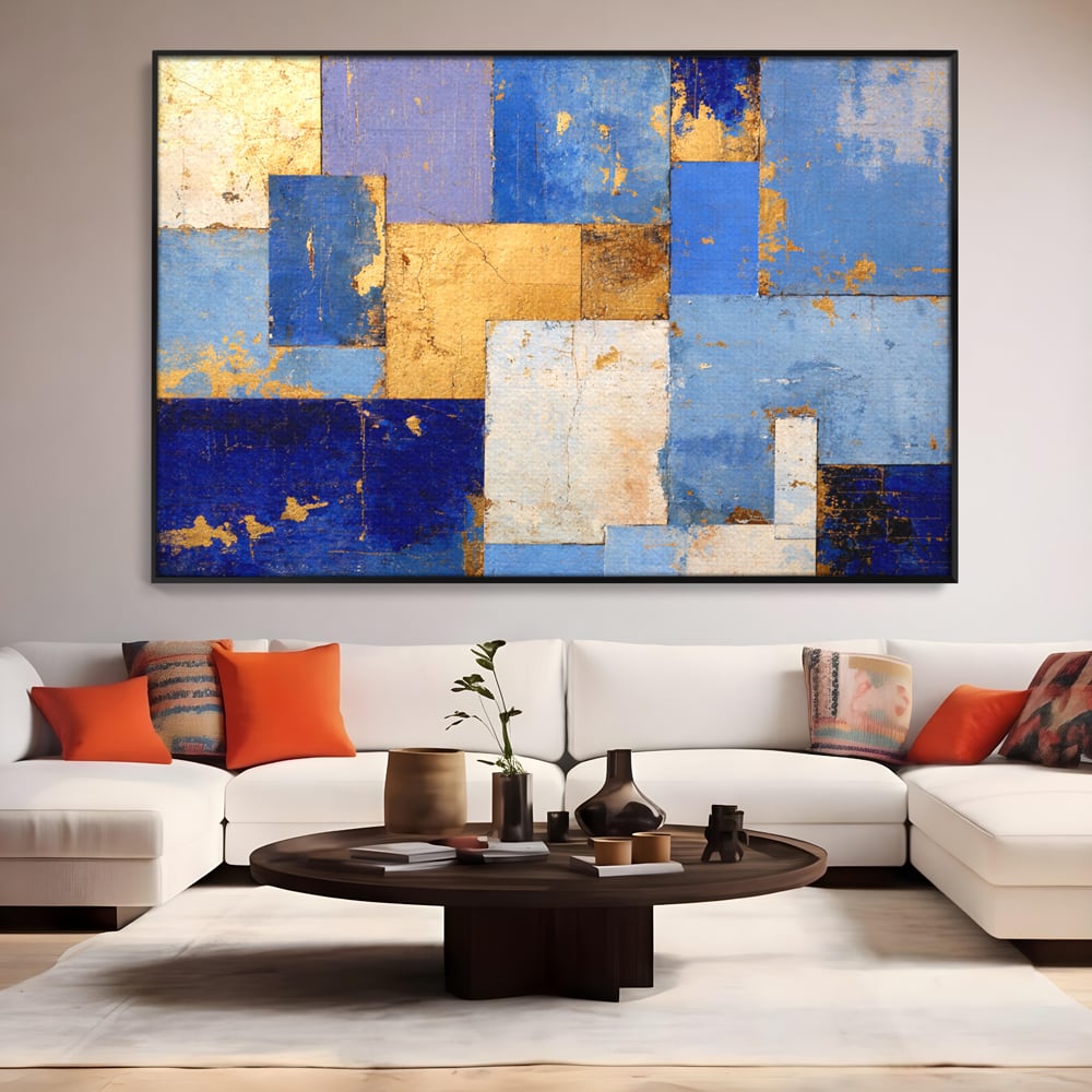 Tablou Canvas Premium, LuxCanva® C1283, Aurul linistii albastre, Geometrie, Culori, Abstract, Albastru, Galben, Contrast, Delicatete, Pace, Seninatate, Estetica, Expozitie, Birou, Living, Dormitor