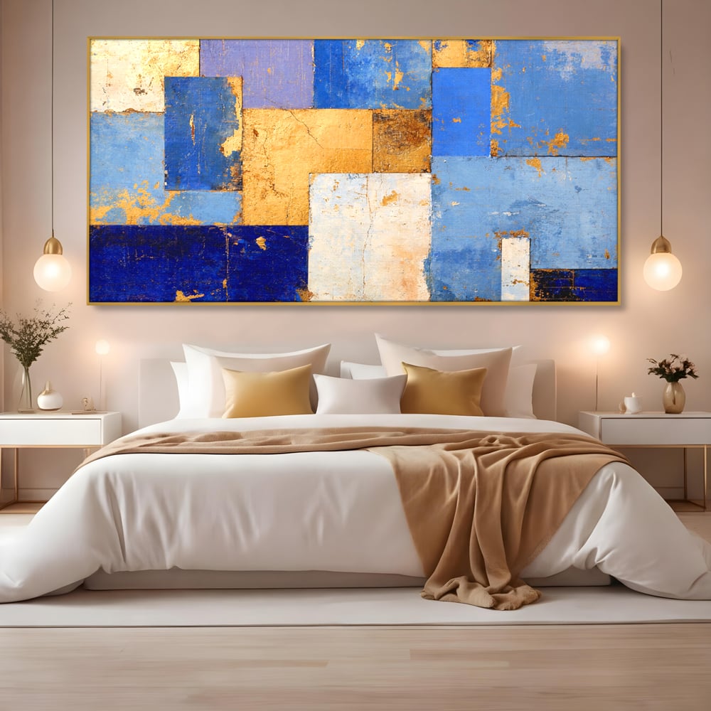 Tablou Canvas Premium, LuxCanva® C1283, Aurul linistii albastre, Geometrie, Culori, Abstract, Albastru, Galben, Contrast, Delicatete, Pace, Seninatate, Estetica, Expozitie, Birou, Living, Dormitor