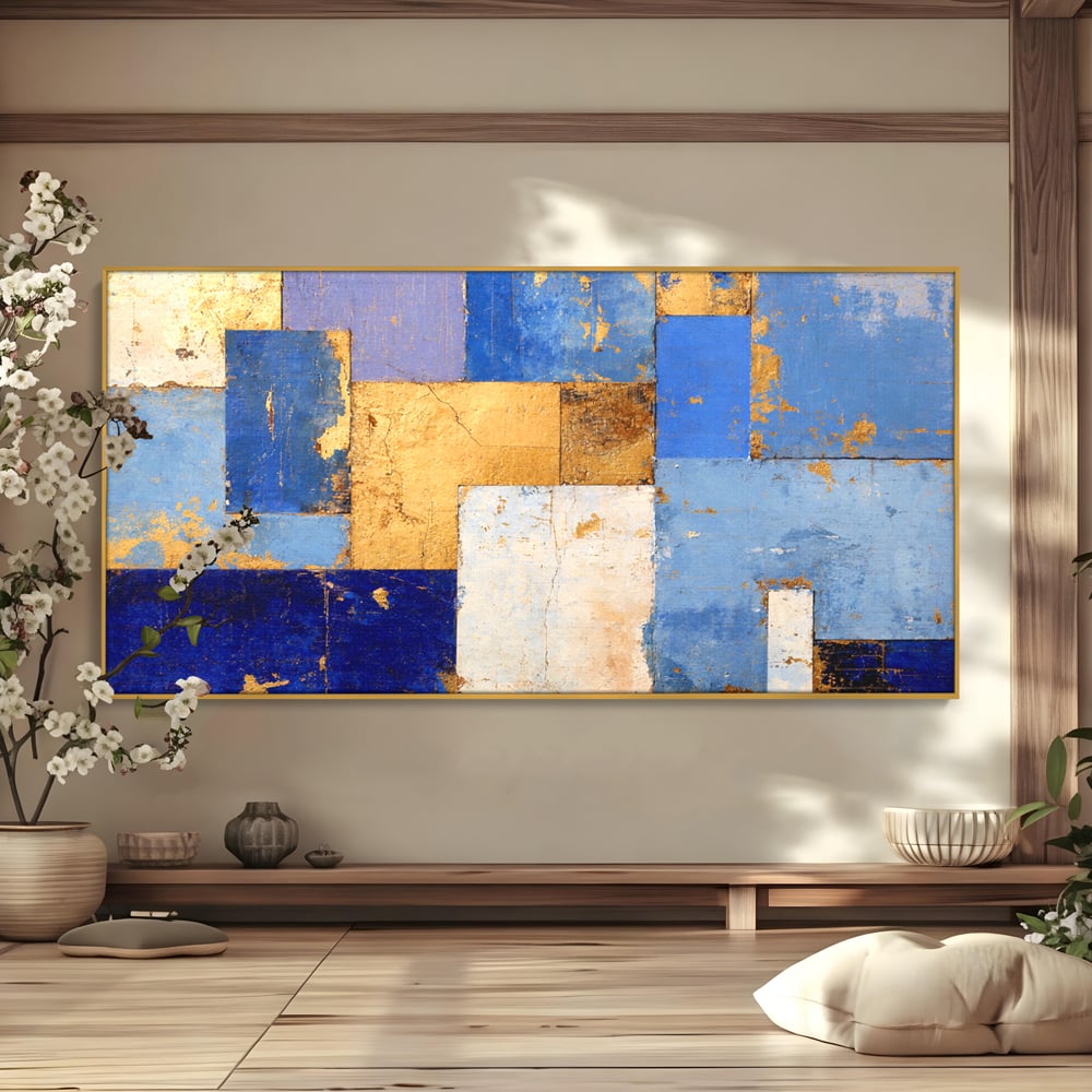 Tablou Canvas Premium, LuxCanva® C1283, Aurul linistii albastre, Geometrie, Culori, Abstract, Albastru, Galben, Contrast, Delicatete, Pace, Seninatate, Estetica, Expozitie, Birou, Living, Dormitor