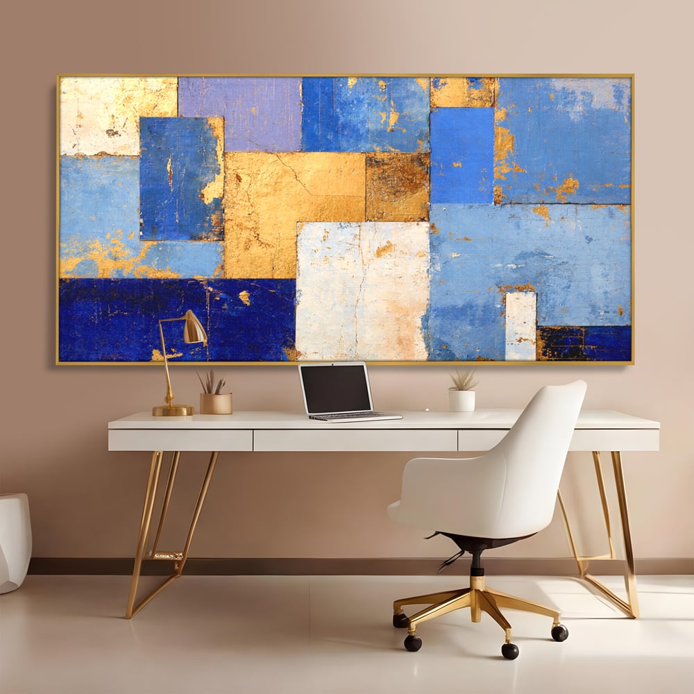 Tablou Canvas Premium, LuxCanva® C1283, Aurul linistii albastre, Geometrie, Culori, Abstract, Albastru, Galben, Contrast, Delicatete, Pace, Seninatate, Estetica, Expozitie, Birou, Living, Dormitor