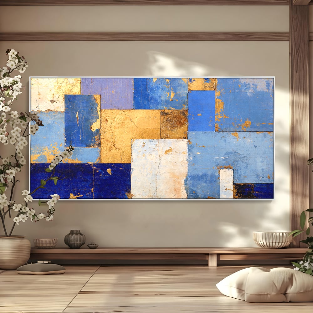 Tablou Canvas Premium, LuxCanva® C1283, Aurul linistii albastre, Geometrie, Culori, Abstract, Albastru, Galben, Contrast, Delicatete, Pace, Seninatate, Estetica, Expozitie, Birou, Living, Dormitor