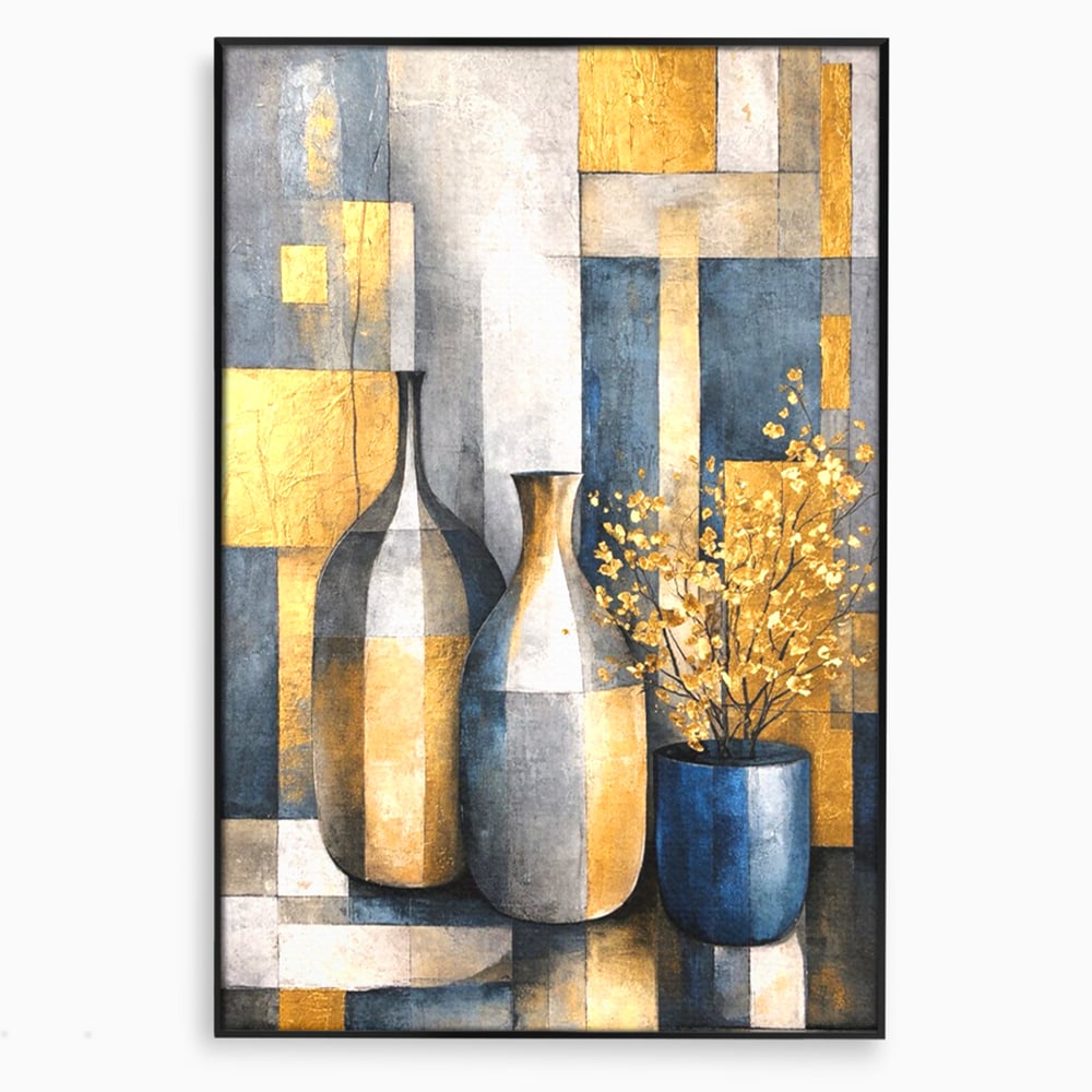 Tablou Canvas Premium, LuxCanva® C1284, Obiecte care asculta, Geometrie, Culori, Abstract, Foita, Auriu, Sofisticat, Obiecte, Forma, Ceramica, Natura, Statica, Expozitie, Birou, Living, Dormitor