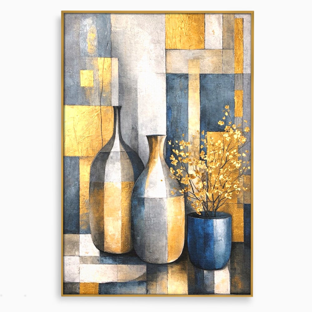 Tablou Canvas Premium, LuxCanva® C1284, Obiecte care asculta, Geometrie, Culori, Abstract, Foita, Auriu, Sofisticat, Obiecte, Forma, Ceramica, Natura, Statica, Expozitie, Birou, Living, Dormitor