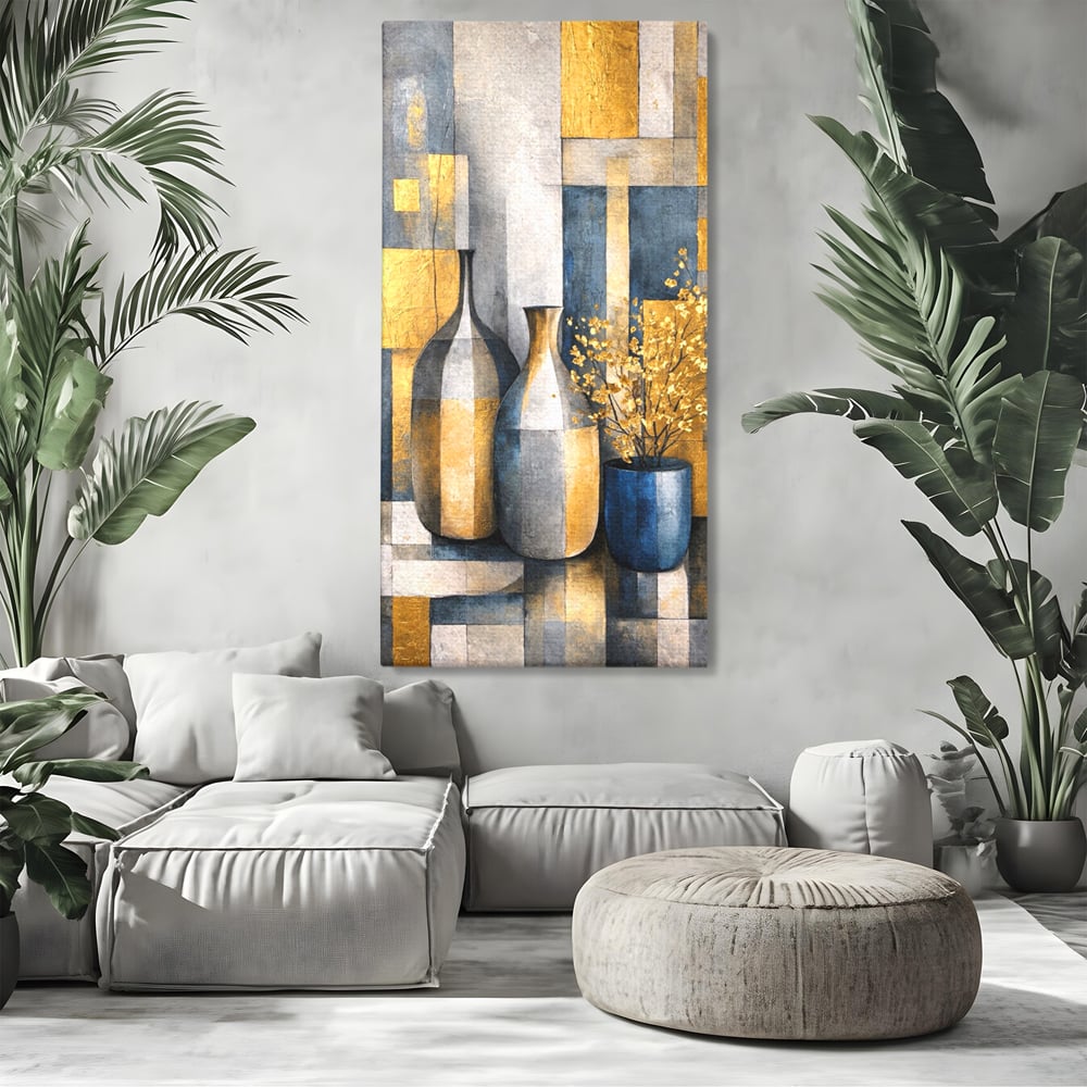 Tablou Canvas Premium, LuxCanva® C1284, Obiecte care asculta, Geometrie, Culori, Abstract, Foita, Auriu, Sofisticat, Obiecte, Forma, Ceramica, Natura, Statica, Expozitie, Birou, Living, Dormitor
