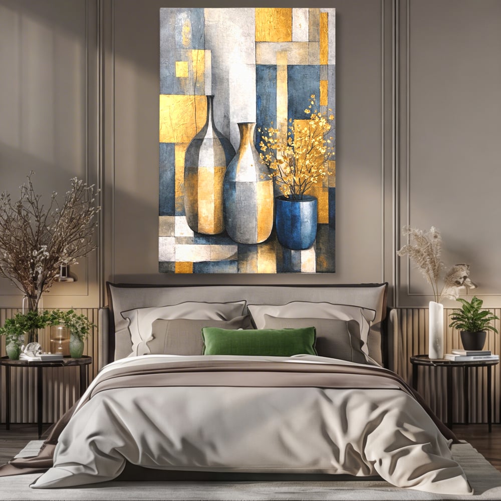 Tablou Canvas Premium, LuxCanva® C1284, Obiecte care asculta, Geometrie, Culori, Abstract, Foita, Auriu, Sofisticat, Obiecte, Forma, Ceramica, Natura, Statica, Expozitie, Birou, Living, Dormitor