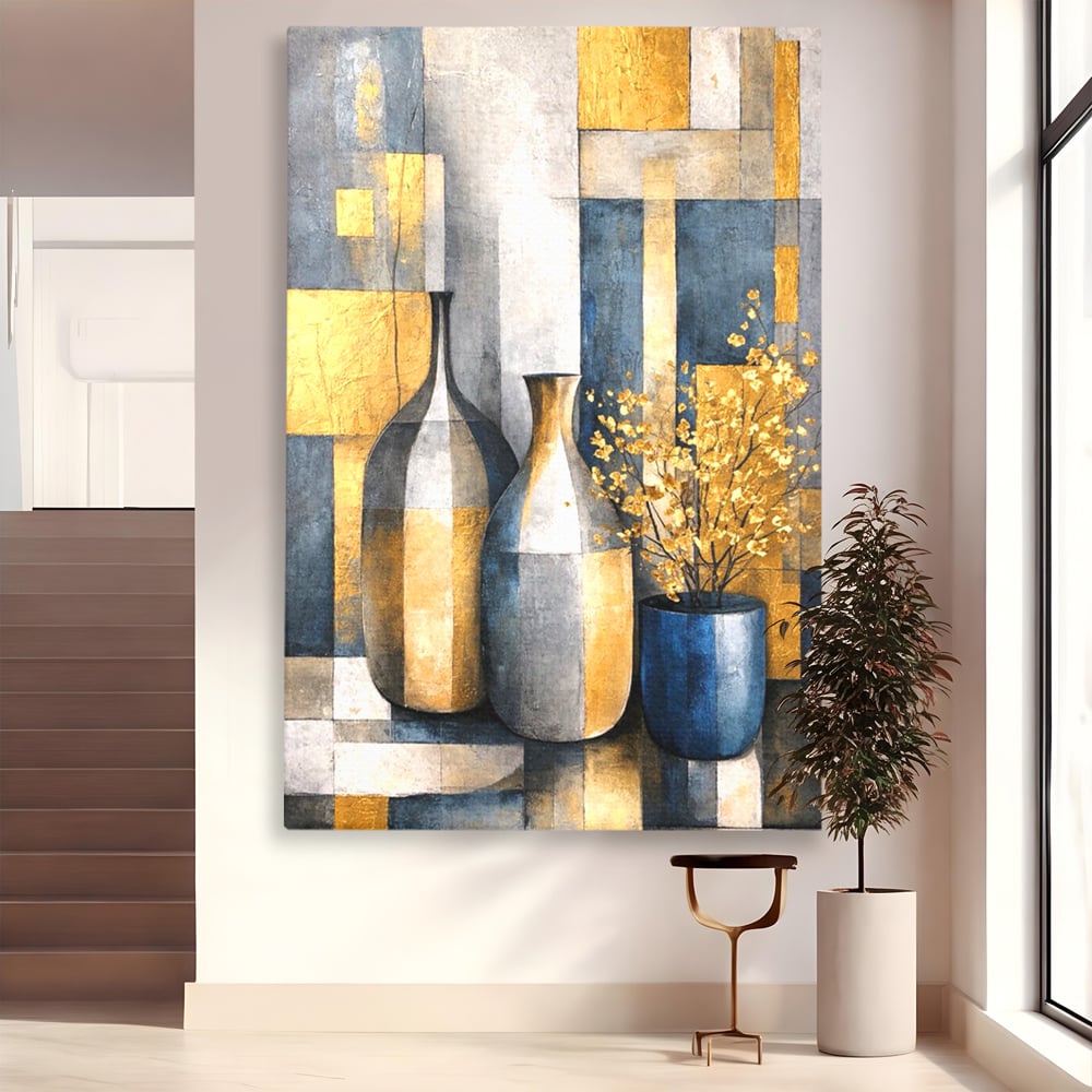 Tablou Canvas Premium, LuxCanva® C1284, Obiecte care asculta, Geometrie, Culori, Abstract, Foita, Auriu, Sofisticat, Obiecte, Forma, Ceramica, Natura, Statica, Expozitie, Birou, Living, Dormitor