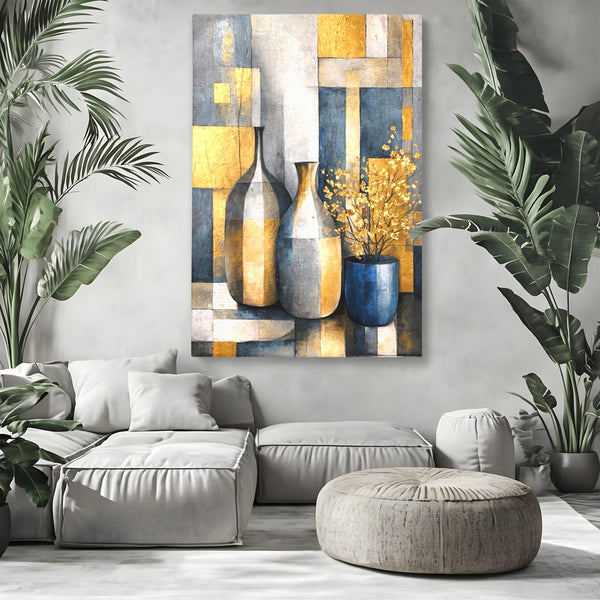 Tablou Canvas Premium, LuxCanva® C1284, Obiecte care asculta, Geometrie, Culori, Abstract, Foita, Auriu, Sofisticat, Obiecte, Forma, Ceramica, Natura, Statica, Expozitie, Birou, Living, Dormitor