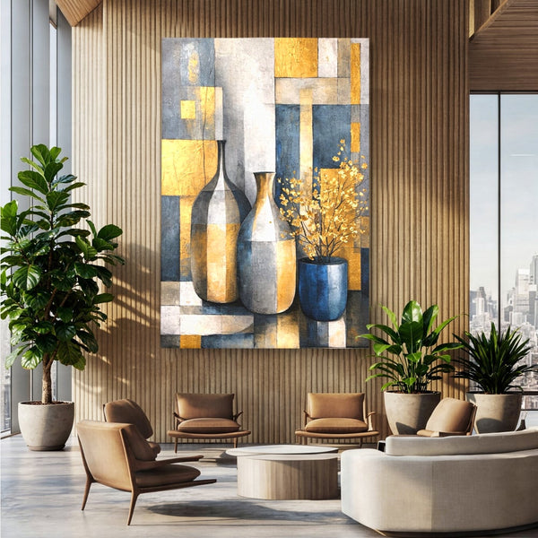 Tablou Canvas Premium, LuxCanva® C1284, Obiecte care asculta, Geometrie, Culori, Abstract, Foita, Auriu, Sofisticat, Obiecte, Forma, Ceramica, Natura, Statica, Expozitie, Birou, Living, Dormitor