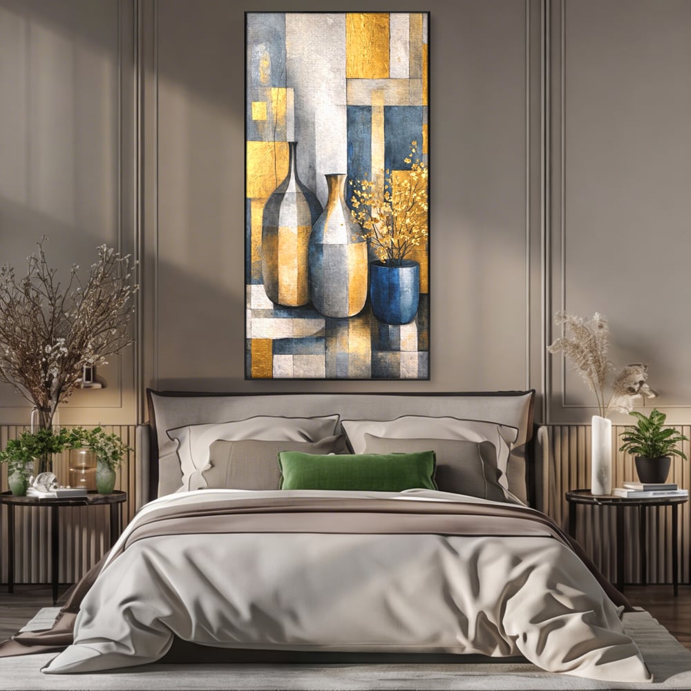 Tablou Canvas Premium, LuxCanva® C1284, Obiecte care asculta, Geometrie, Culori, Abstract, Foita, Auriu, Sofisticat, Obiecte, Forma, Ceramica, Natura, Statica, Expozitie, Birou, Living, Dormitor