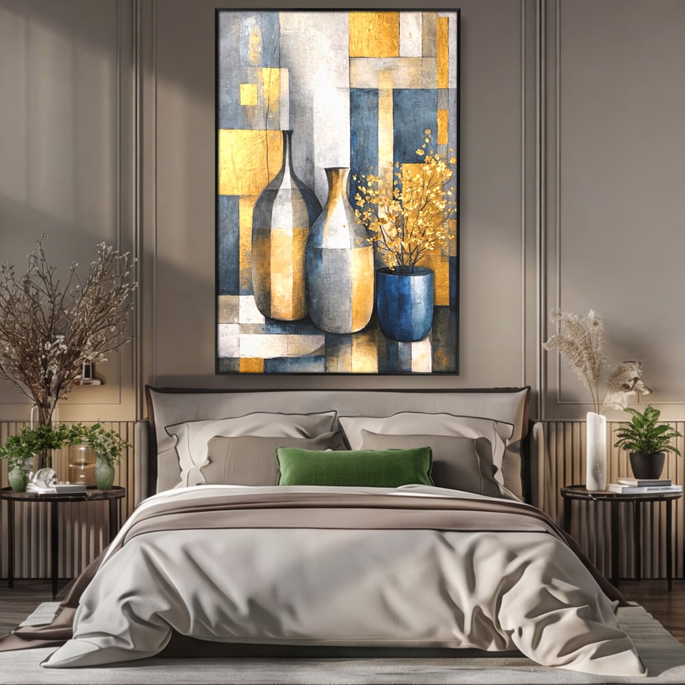 Tablou Canvas Premium, LuxCanva® C1284, Obiecte care asculta, Geometrie, Culori, Abstract, Foita, Auriu, Sofisticat, Obiecte, Forma, Ceramica, Natura, Statica, Expozitie, Birou, Living, Dormitor
