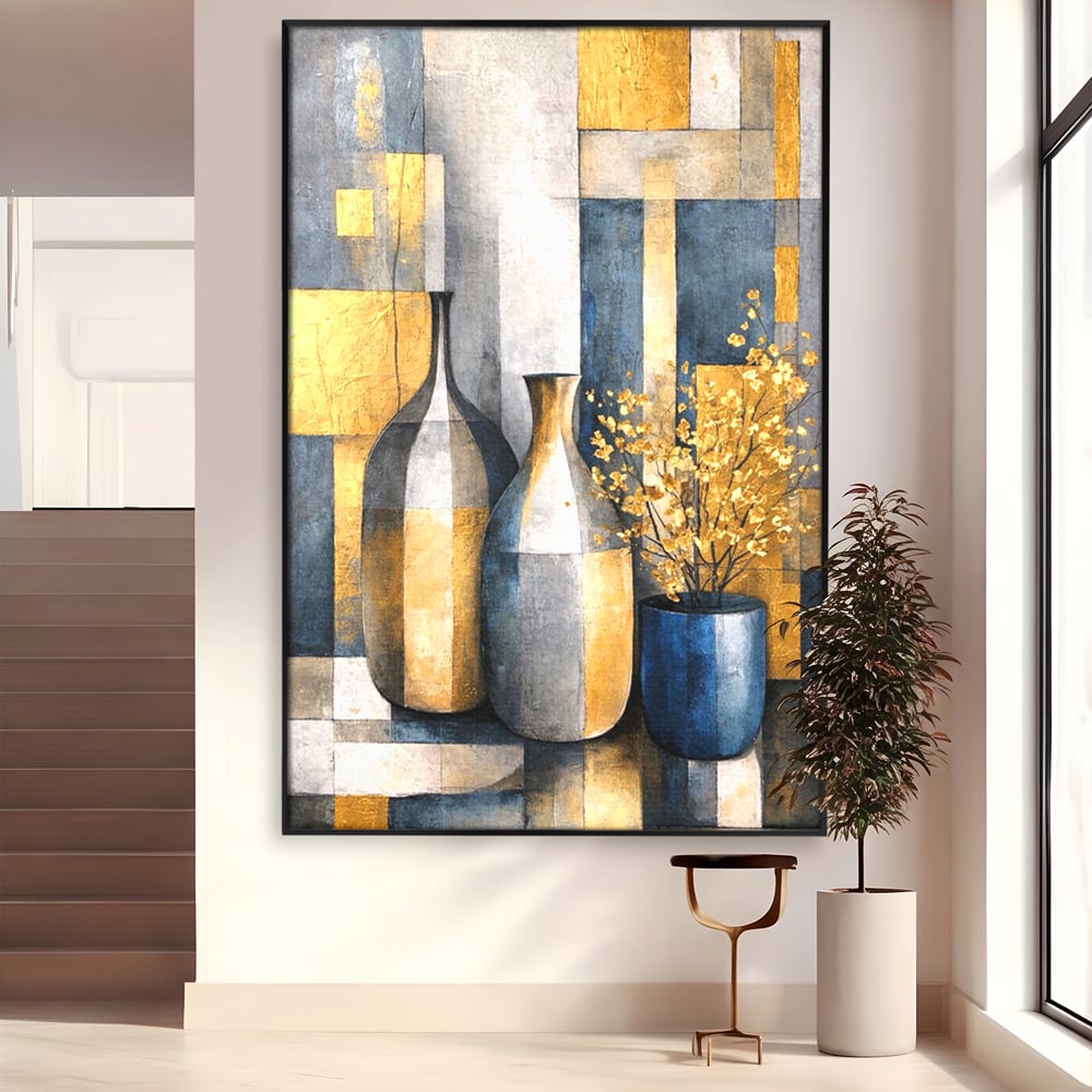 Tablou Canvas Premium, LuxCanva® C1284, Obiecte care asculta, Geometrie, Culori, Abstract, Foita, Auriu, Sofisticat, Obiecte, Forma, Ceramica, Natura, Statica, Expozitie, Birou, Living, Dormitor
