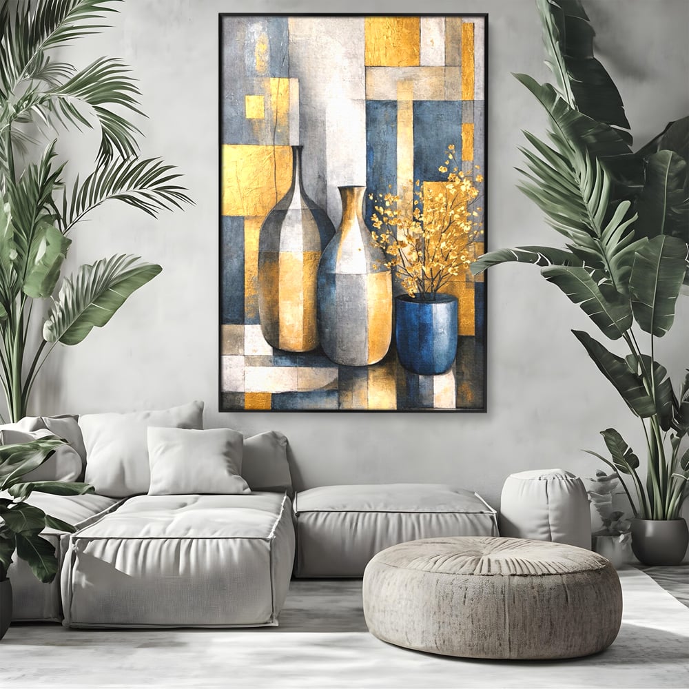 Tablou Canvas Premium, LuxCanva® C1284, Obiecte care asculta, Geometrie, Culori, Abstract, Foita, Auriu, Sofisticat, Obiecte, Forma, Ceramica, Natura, Statica, Expozitie, Birou, Living, Dormitor