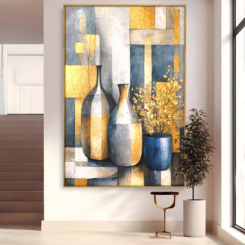 Tablou Canvas Premium, LuxCanva® C1284, Obiecte care asculta, Geometrie, Culori, Abstract, Foita, Auriu, Sofisticat, Obiecte, Forma, Ceramica, Natura, Statica, Expozitie, Birou, Living, Dormitor