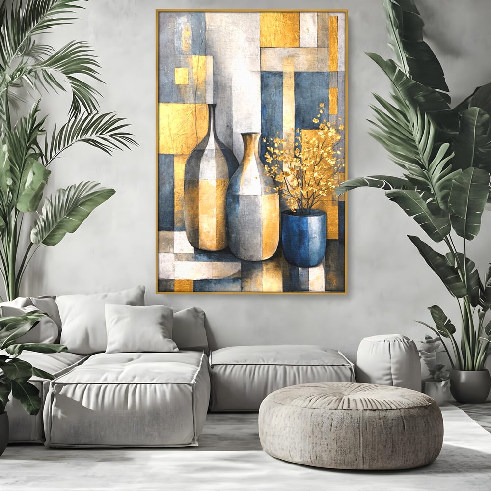 Tablou Canvas Premium, LuxCanva® C1284, Obiecte care asculta, Geometrie, Culori, Abstract, Foita, Auriu, Sofisticat, Obiecte, Forma, Ceramica, Natura, Statica, Expozitie, Birou, Living, Dormitor