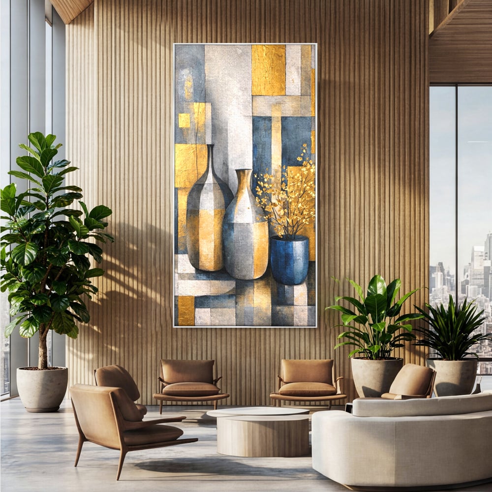 Tablou Canvas Premium, LuxCanva® C1284, Obiecte care asculta, Geometrie, Culori, Abstract, Foita, Auriu, Sofisticat, Obiecte, Forma, Ceramica, Natura, Statica, Expozitie, Birou, Living, Dormitor